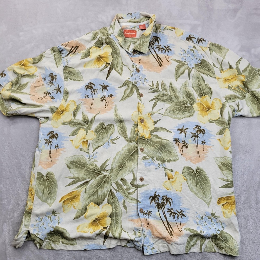 Tommy Bahama Shirt Mens 2XL Silk Yellow Green Floral Hawaiian‎ Button Up Camp